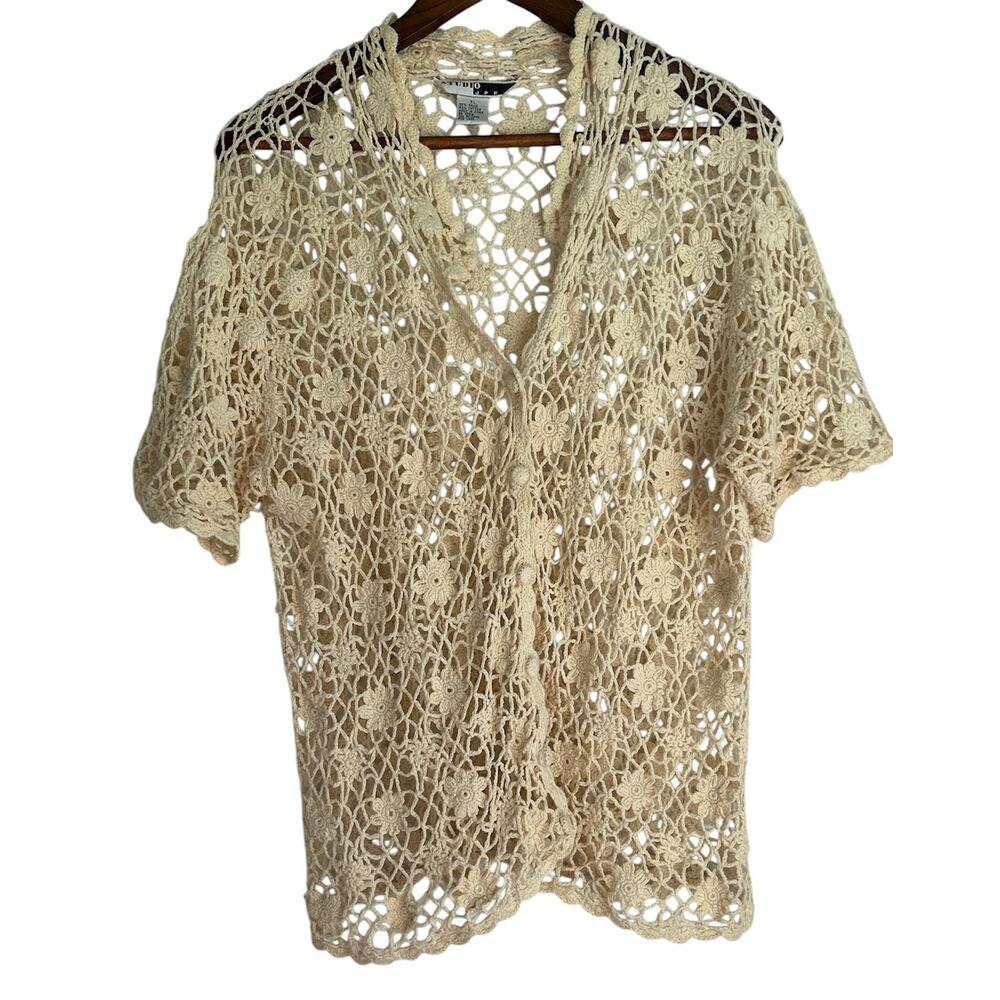Vintage Studio JPR Size XL Cotton Blend Cream Daisy Crochet Cardigan Top